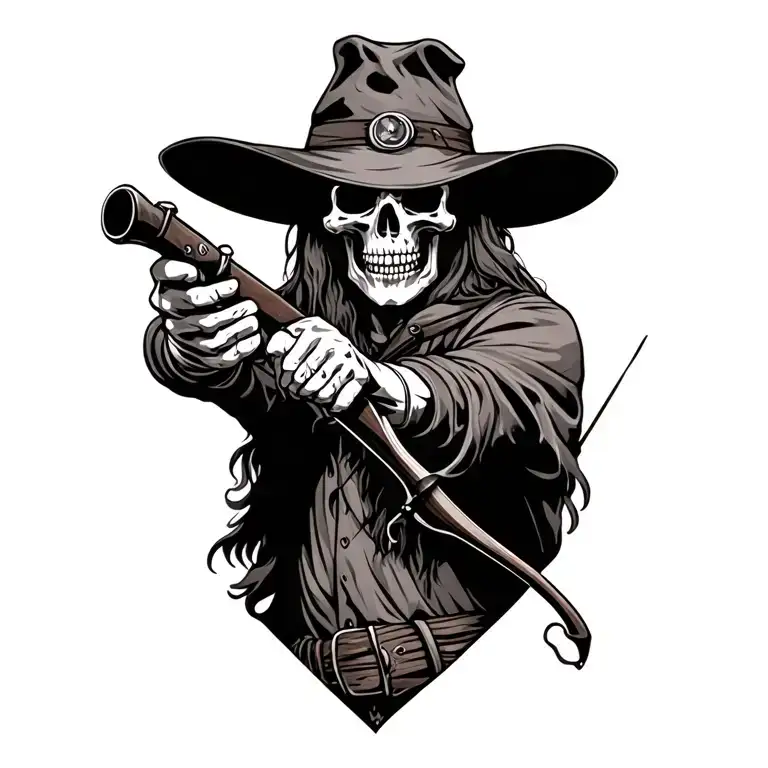 skeleton hunter with woodsman hat  aiming a bow tattoo design idea