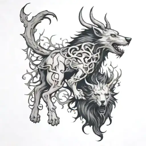 Cerberus and wendigo sourounded by vines and thorns tattoo design idea