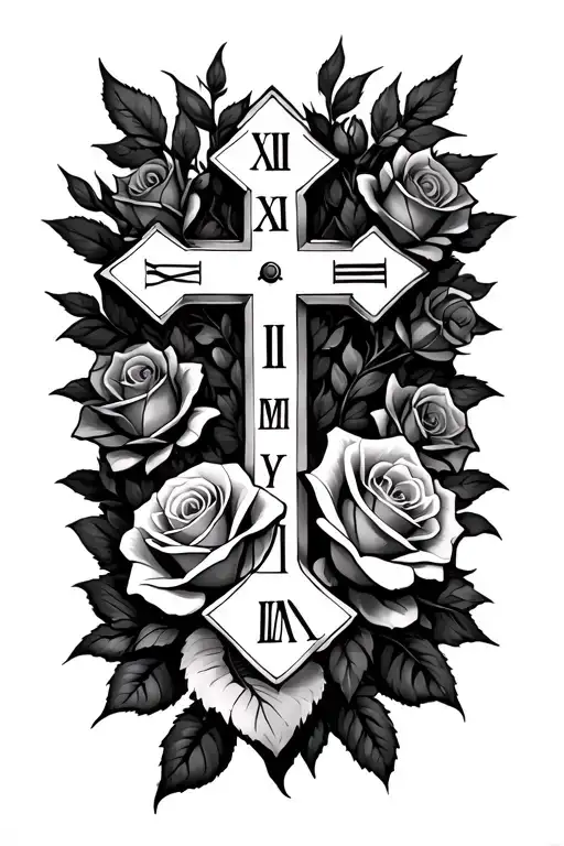 roman numerals with a cross and roses blooming tattoo design idea