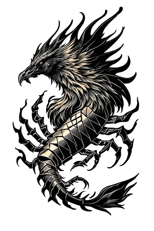 Scorpio and Phoenix rising from flames left arm sleeve tattoo design idea