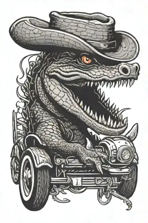 alligator with cowboy hat driving a Cadillac tattoo design idea