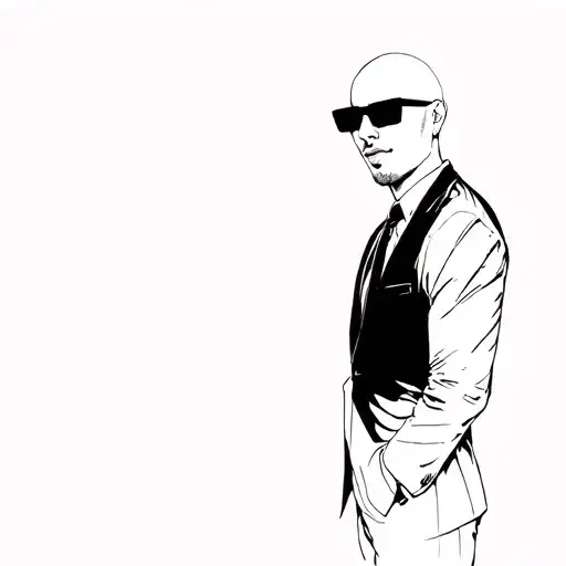 bald man in black sunglasses and business suit full length tattoo design idea