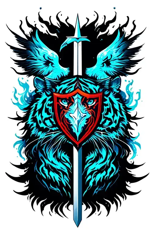 Full grid featuring elements like fire water wind earth dark light, shield and sword behind it, siluet of tiger bird and tattoo design idea