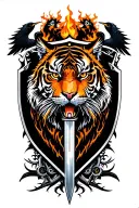 Full grid featuring elements like fire water wind earth dark light, shield and sword behind it, siluet of tiger bird and tattoo design idea