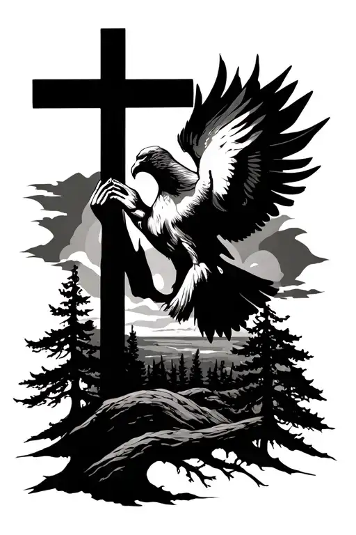cross , praying hands , trees and sunset, phoenix rising tattoo design idea