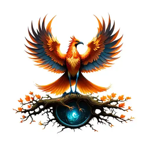 Phoenix bird with open wings standing in the tree of life tattoo design idea