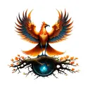 Phoenix bird with open wings standing in the tree of life tattoo design idea