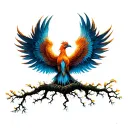 Phoenix bird with open wings standing in the tree of life tattoo design idea