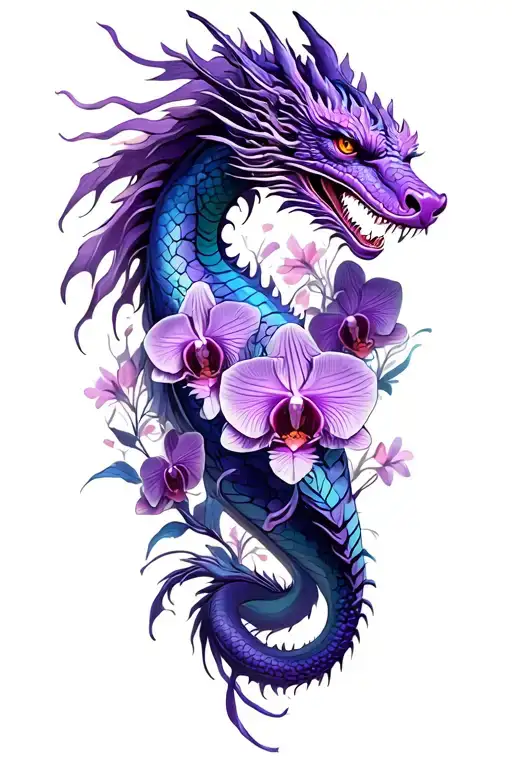 full leg tattoo purple dragon and orchids tattoo design idea