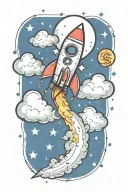 rocket flying with money signs and music notes tattoo design idea