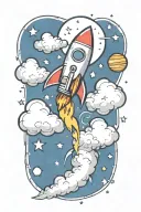 rocket flying with money signs and music notes tattoo design idea