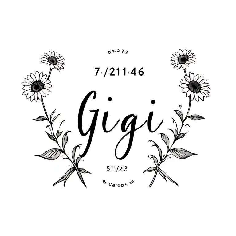 Daisies, sunflowers and the name "Gigi" and the dates, "7/21/46" and "5/11/23' tattoo design idea