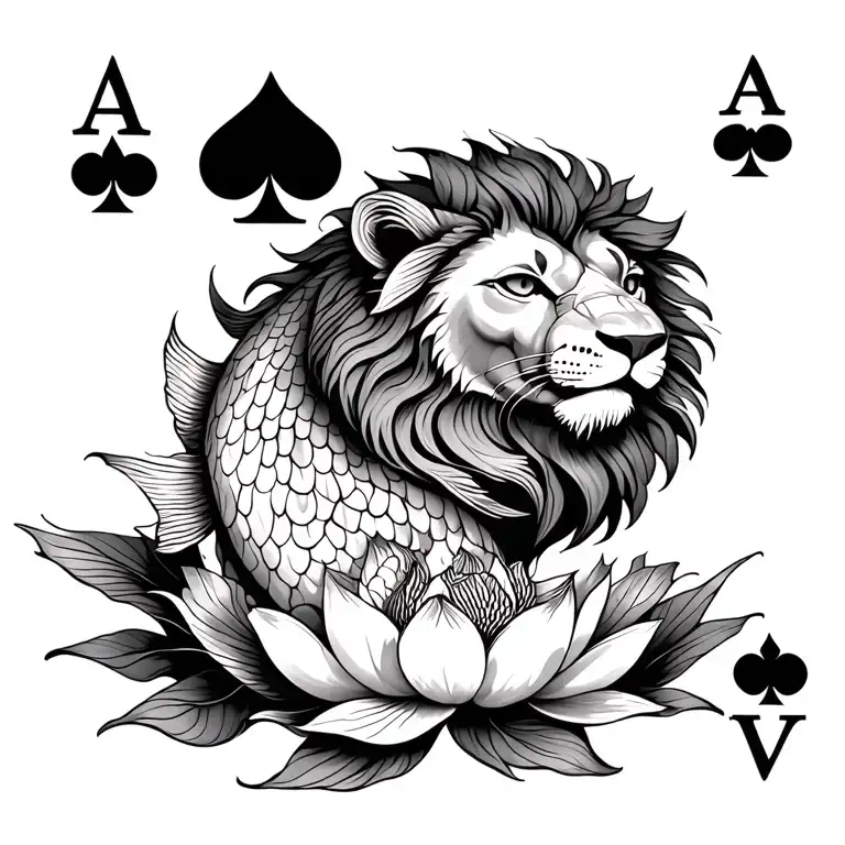 A mystical representation of the Poker card with a lion, a koi fish and lotus flower intertwined tattoo design idea