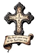 cobblestone cross with writing "the devil can scrap but the Lord has won" in old font on a scroll. tattoo design idea