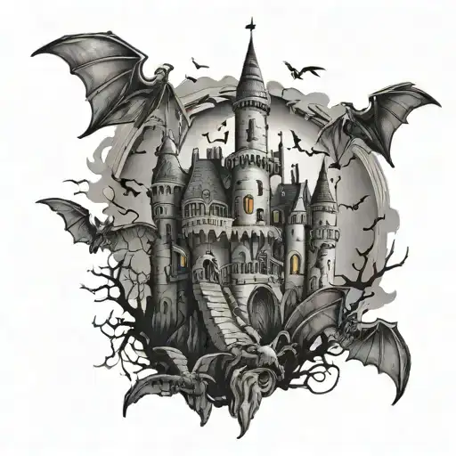 haunted castle surrounded by bats flying overhead tattoo design idea