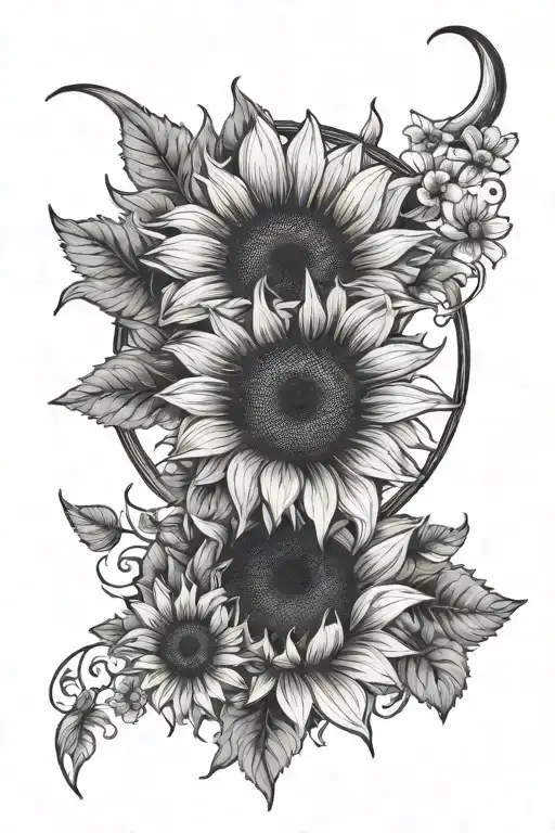 sunflower and daisy flowers with crescent moon inside tattoo design idea