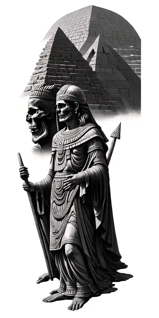 ancient pyramids from different cultures with the god of death from each culture standing next to it tattoo design idea