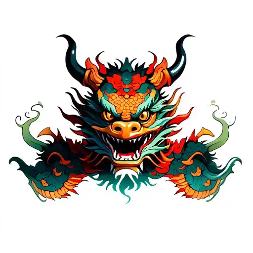 dragon oni mask with floating mine tattoo design idea