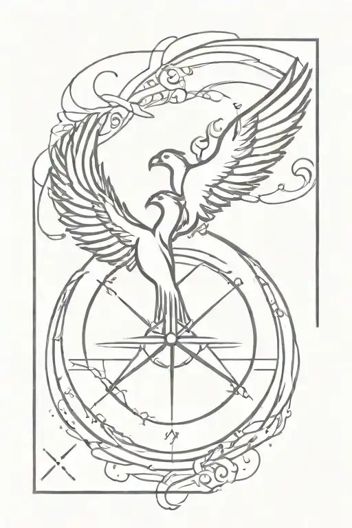 Flying upwards needled compass with phoenix wings with fire around it all tattoo design idea