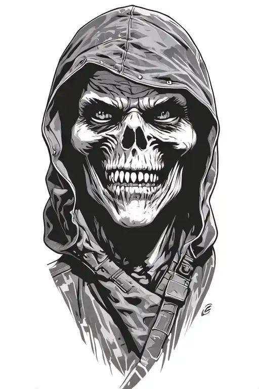 fallout new vegas ghoul portrait, no eyes, thick hood tattoo design idea