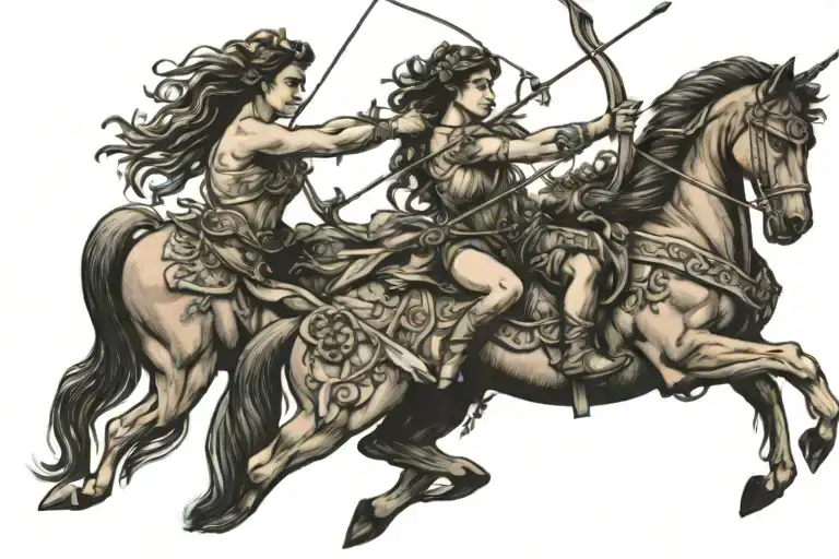 Sagittarius centaur shooting arrow, upper body of woman, low body of horse tattoo design idea