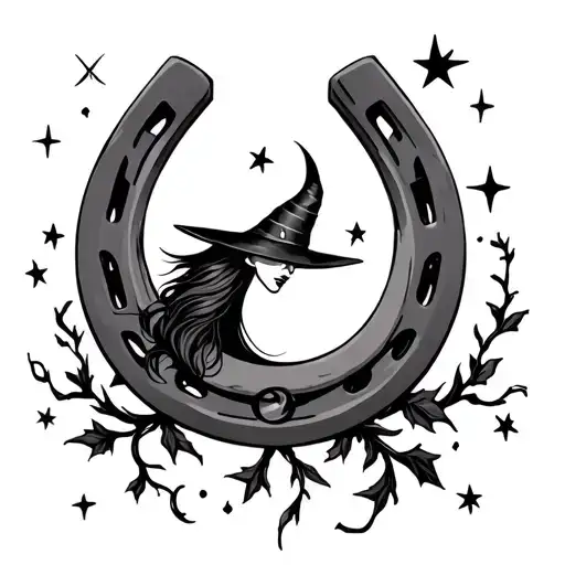 grand dark witch, horseshoe, moon, stars vines tattoo design idea