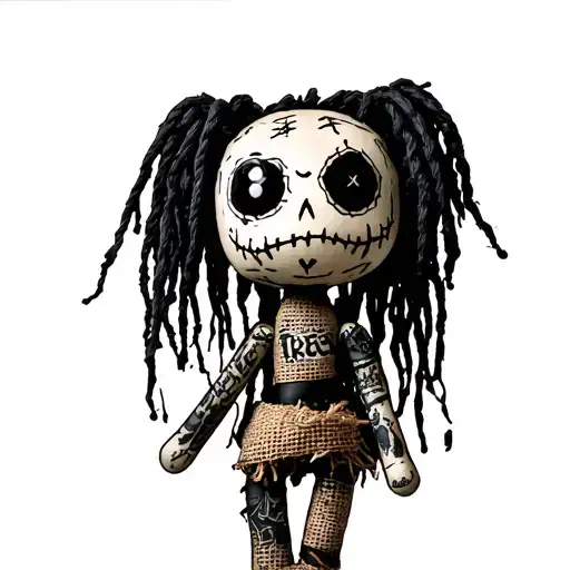 A voodoo doll inspired by the Korn dolls — ragged, stitched together from torn burlap patches, with mismatched seams and tattoo design idea