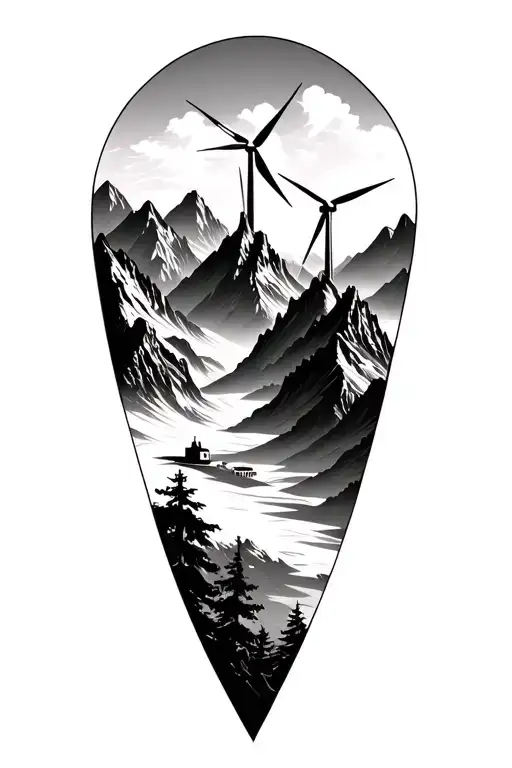 mountains with modern windmills in the mountains tattoo design idea
