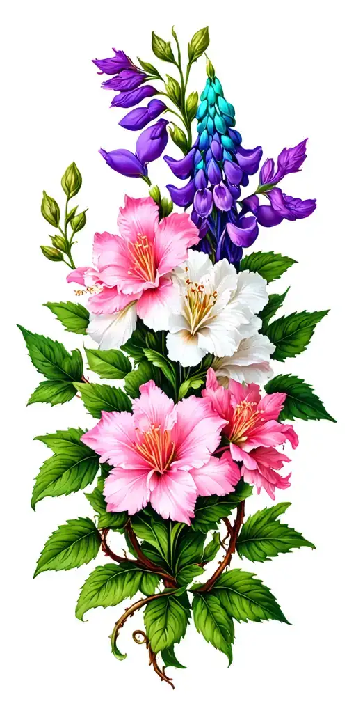 pink, white, purple azalea flowers on winding vines wrapped around a purple fox glove flower and turquoise lupine flower tattoo design idea