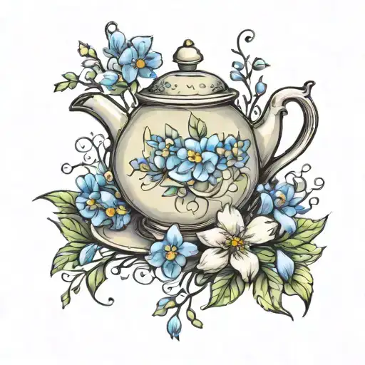 create and image of a teapot with forget me not flowers blooming tattoo design idea