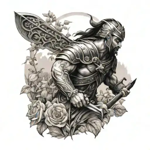 warrior in a garden scene tattoo design idea