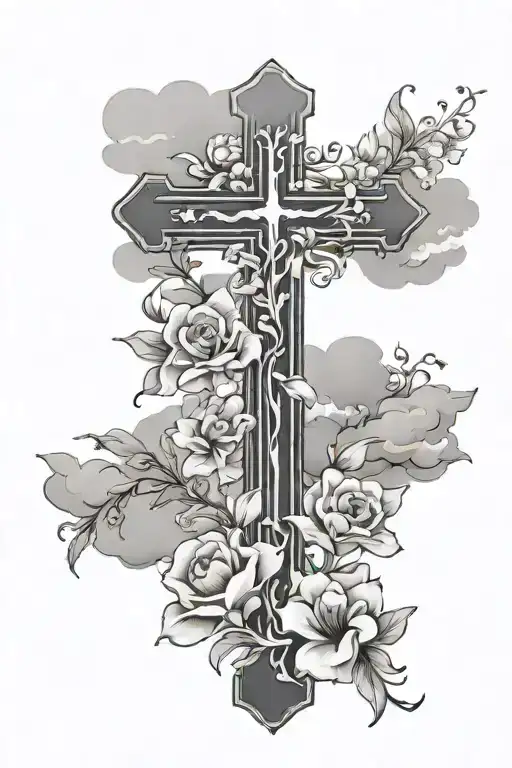 cross with flowers and clouds surrounding tattoo design idea