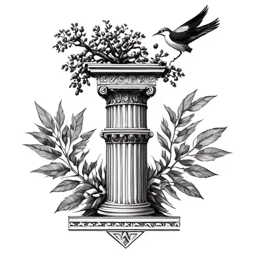 A greek tattoo that must include a Corinthian column, an olive tree and pontian bird feathers tattoo design idea