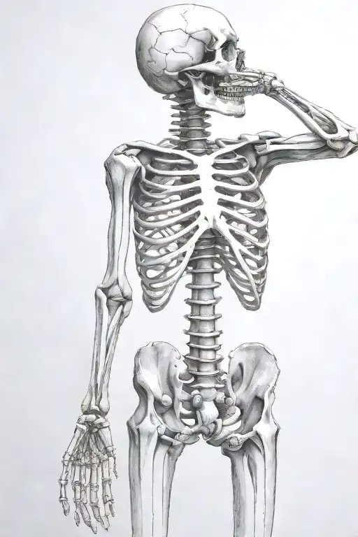 skeleton ripping out mind and heart, full body, backside of standing skeleton tattoo design idea