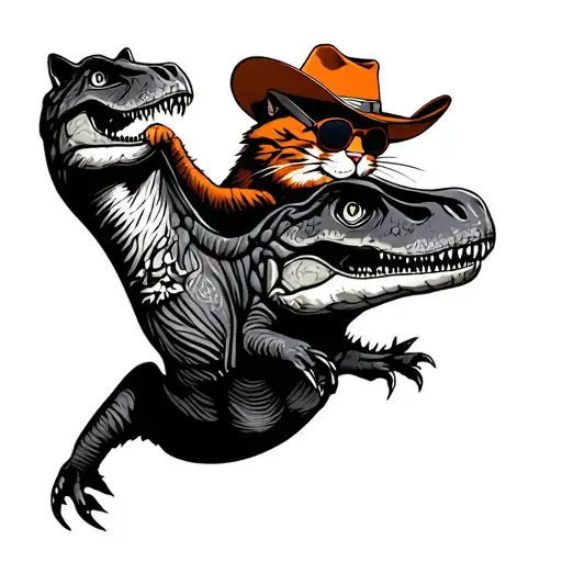 red cat wearing an orange cowboy hat and sunglasses riding a T. rex tattoo design idea