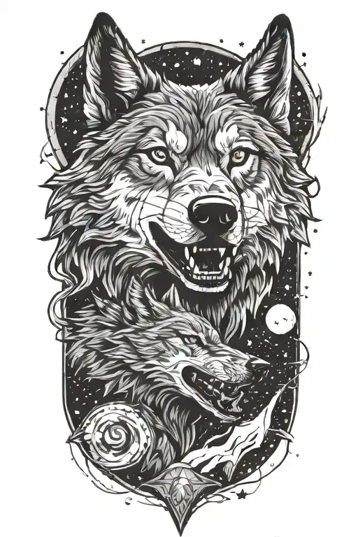 A wolf head with a smaller wolf underneath howling at the stars   tattoo design idea