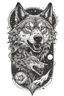 A wolf head with a smaller wolf underneath howling at the stars   tattoo design idea