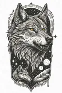 A wolf head with a smaller wolf underneath howling at the stars   tattoo design idea