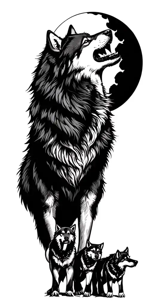 mother wolf howling at the moon with 4 wolf cubs walking tattoo design idea