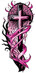  big fancy cross  wrapped with breast cancer ribboion on the top of arm and fire works coming down the arm tattoo design idea