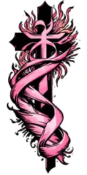  big fancy cross  wrapped with breast cancer ribboion on the top of arm and fire works coming down the arm tattoo design idea