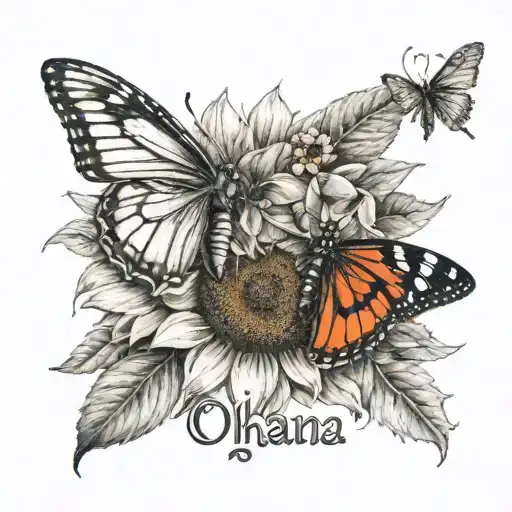 Small sunflower, small butterfly and small ladybug next to each other and the word ohana at the bottom of the 3 tattoo design idea