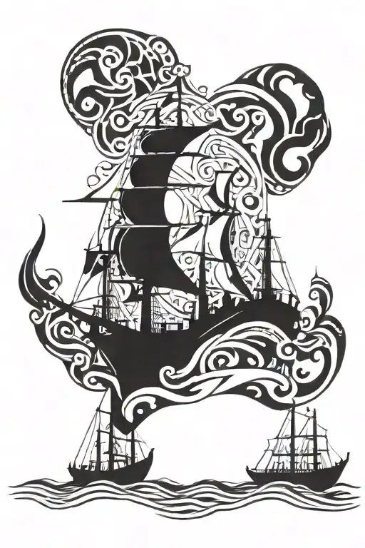 nordic and ships sailing towards a burning tattoo design idea