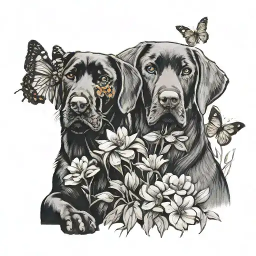 Black Labs with Flowers and butterfly surrounded tattoo design idea