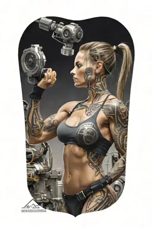 bodybuilder muscular women flexing bicep with technology circuits mechanic merging tattoo design idea