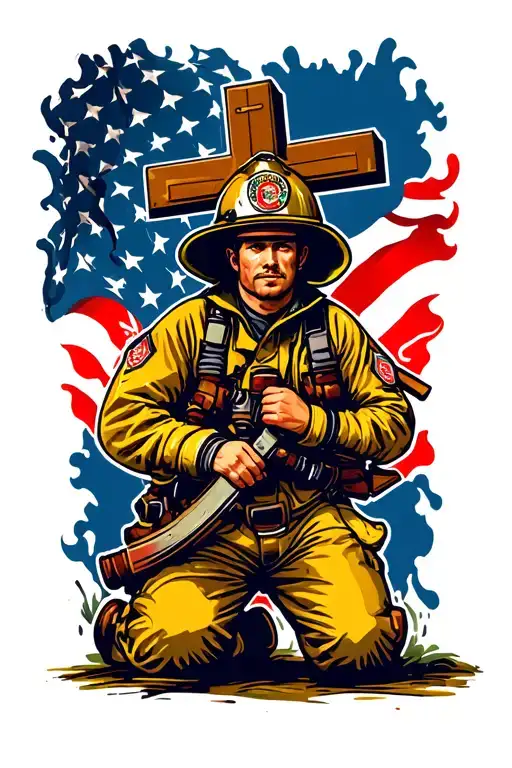 firefighter kneeling at cross tattoo design idea