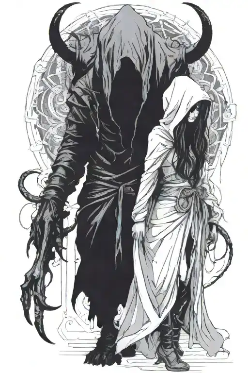 a girl and a huge hooded beast or demon walking side by side tattoo design idea