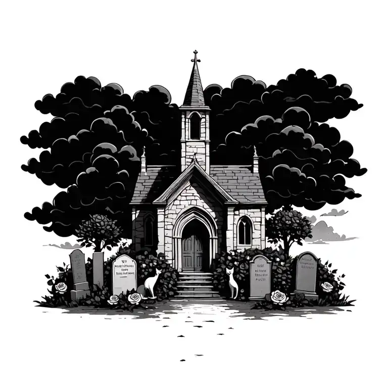 old abanond ruin  church  with dark clouds and grave stones and black rose bushes and two cats tattoo design idea
