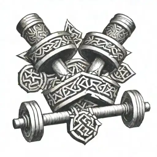 dark aesthetic dumbbells with viking runes tattoo design idea