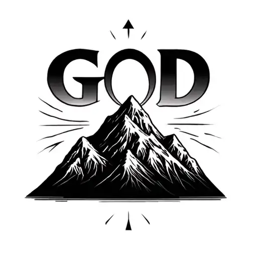 god is greater than the highs and lows symbol overlayed on mountains  tattoo design idea